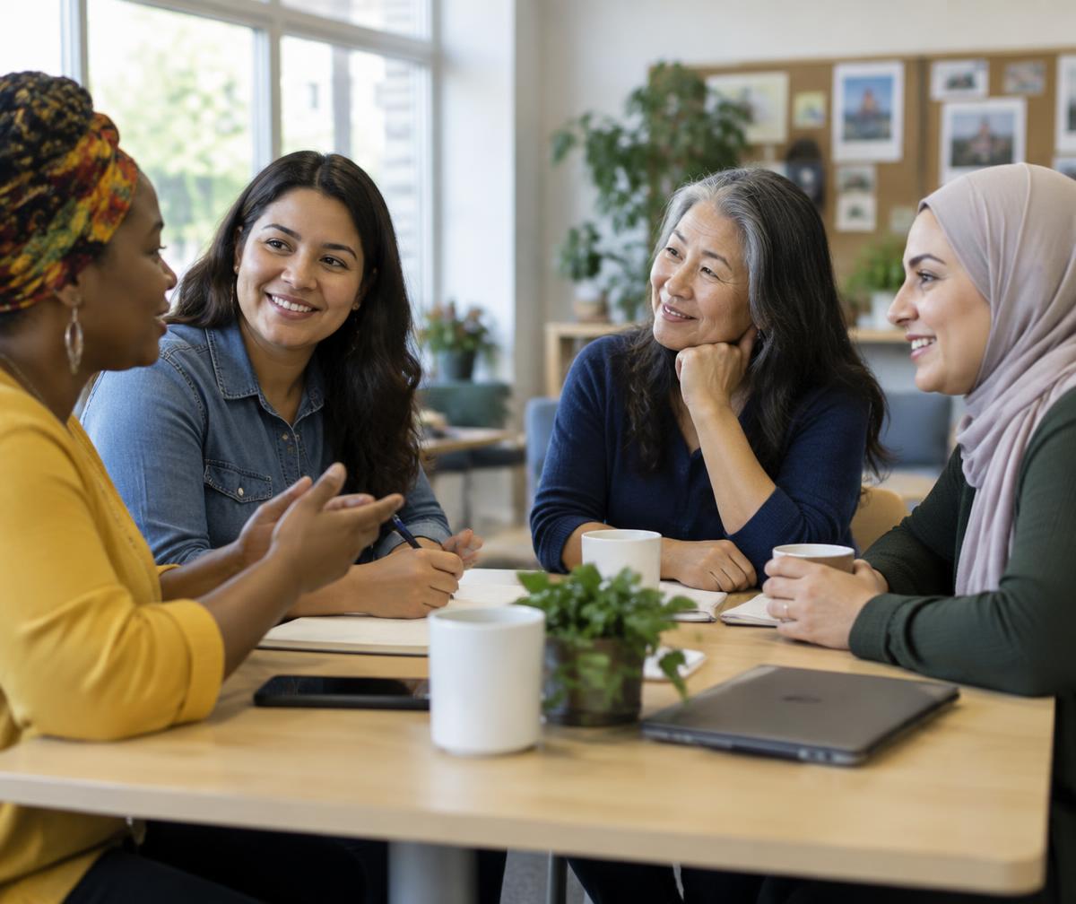 A diverse group of women talking together in a bright community center