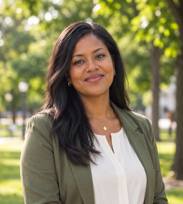A smiling immigrant woman standing outdoors in a community park