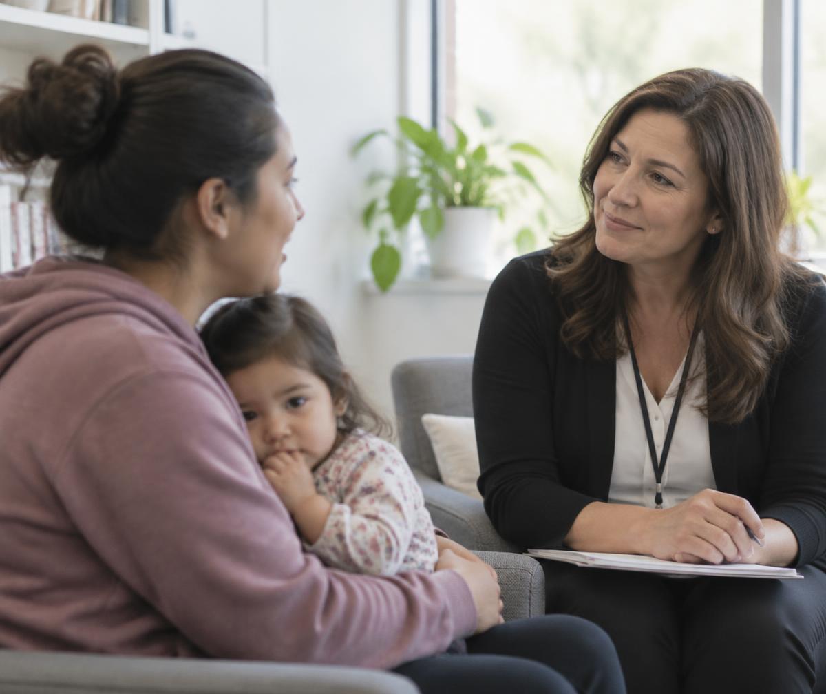 An advocate listening attentively to a young mother holding her child